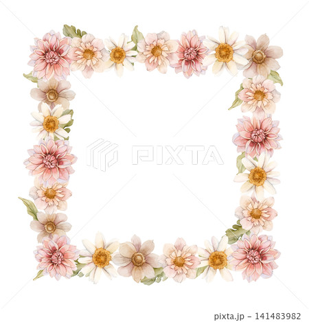Autumn flower Frame Dahlia Chrysanthemum Aster. Watercolor hand drawn floral illustration isolated on white background wedding design home textile print cosmetic package porcelain crockery template Autumn flower Frame Dahlia Chrysanthemum Aster. Watercolor hand drawn floral illustration isolated on white background wedding design home textile print cosmetic package porcelain crockery template 141483982