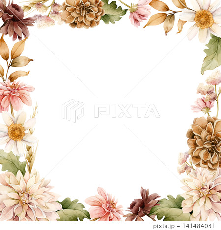 Autumn flowers Frame. Fall plants Dahlia Chrysanthemum Daisy. Watercolor hand drawn floral illustration isolated on white background wedding home textile cosmetic package porcelain crockery template 141484031