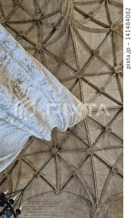 Stone Column and Geometric Vault Ceiling Interior Stone Column and Geometric Vault Ceiling Interior 141484082