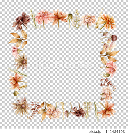 Autumn flower Frame Dahlia Chrysanthemum Aster Echinacea wildflowers. Watercolor hand drawn floral illustration isolated on white background for wedding design home textile cosmetic package template Autumn flower Frame Dahlia Chrysanthemum Aster Echinacea wildflowers. Watercolor hand drawn floral illustration isolated on white background for wedding design home textile cosmetic package template 141484108
