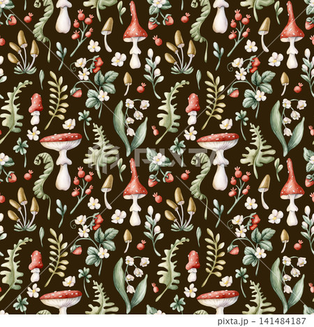 Cute Forest Mushrooms Wild Berries Fern Seamless Pattern. Strawberry Amanita Watercolor summer floral forest illustration hand painted isolated on dark background nursery design fresh home textile Cute Forest Mushrooms Wild Berries Fern Seamless Pattern. Strawberry Amanita Watercolor summer floral forest illustration hand painted isolated on dark background nursery design fresh home textile 141484187