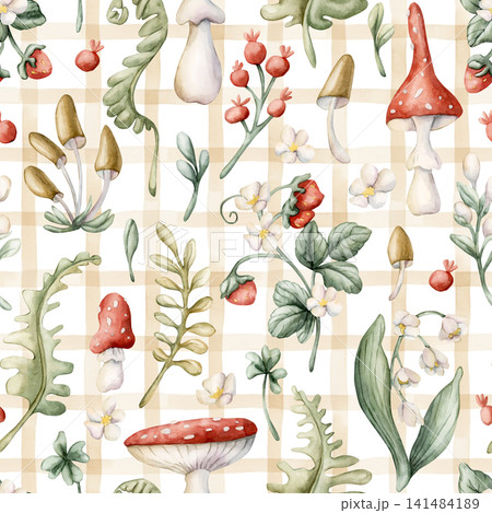 Cute Forest Mushrooms Wild Berries Fern beige Checked Seamless Pattern. Strawberry Amanita Watercolor summer floral forest illustration hand painted isolated on white background fresh nursery design 141484189