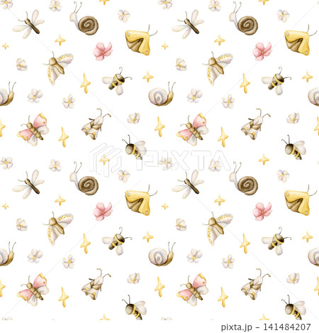 Cute Insects Flower Star Seamless Pattern. Butterfly Bee Dragonfly Moth Snail Watercolor illustration hand painted isolated on white background for nursery baby kids design summer forest textile print Cute Insects Flower Star Seamless Pattern. Butterfly Bee Dragonfly Moth Snail Watercolor illustration hand painted isolated on white background for nursery baby kids design summer forest textile print 141484207