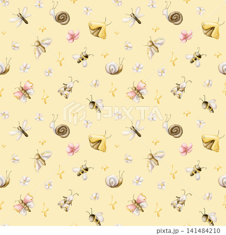 Cute Insects Flower Star Seamless Pattern. Butterfly Bee Dragonfly Moth Snail Watercolor illustration hand painted isolated on yellow background for nursery baby kids design summer forest textile prin Cute Insects Flower Star Seamless Pattern. Butterfly Bee Dragonfly Moth Snail Watercolor illustration hand painted isolated on yellow background for nursery baby kids design summer forest textile prin 141484210