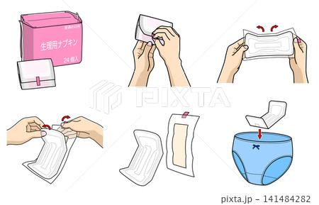生理用ナプキンの使い方・イメージイラストセット 生理用ナプキンの使い方・イメージイラストセット 141484282