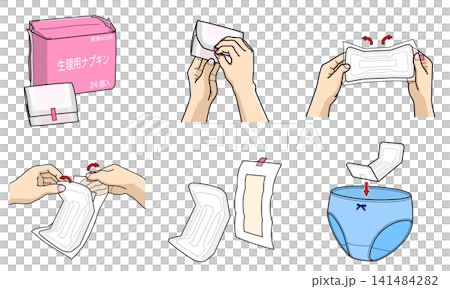 生理用ナプキンの使い方・イメージイラストセット 生理用ナプキンの使い方・イメージイラストセット 141484282