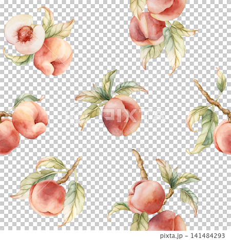 Pink Peaches Seamless Pattern Summer Juicy Ripe Fruits. Watercolor hand drawn floral food illustration isolated on white background for home kitchen table textile fresh fabric print cosmetic package Pink Peaches Seamless Pattern Summer Juicy Ripe Fruits. Watercolor hand drawn floral food illustration isolated on white background for home kitchen table textile fresh fabric print cosmetic package 141484293