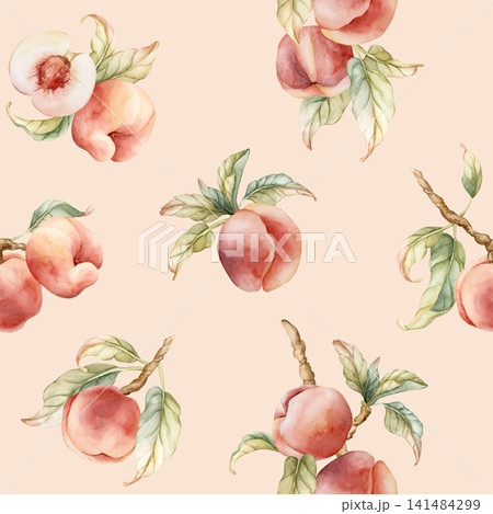 Pink Peaches Seamless Pattern Summer Juicy Ripe Fruits. Watercolor hand drawn floral food illustration isolated on beige background for home kitchen table textile fresh fabric print cosmetic package 141484299
