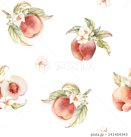 Pink Peaches with Flowers Seamless Pattern Summer Fruits. Watercolor hand drawn floral food illustration isolated on white background for home kitchen table textile fresh fabric print cosmetic package Pink Peaches with Flowers Seamless Pattern Summer Fruits. Watercolor hand drawn floral food illustration isolated on white background for home kitchen table textile fresh fabric print cosmetic package 141484343