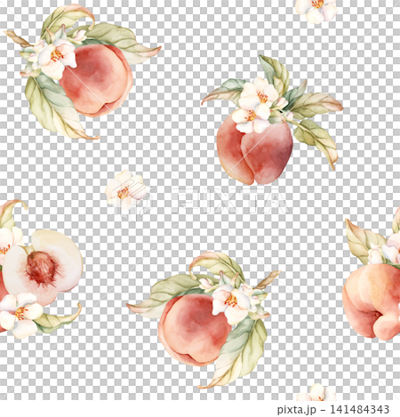 Pink Peaches with Flowers Seamless Pattern Summer Fruits. Watercolor hand drawn floral food illustration isolated on white background for home kitchen table textile fresh fabric print cosmetic package Pink Peaches with Flowers Seamless Pattern Summer Fruits. Watercolor hand drawn floral food illustration isolated on white background for home kitchen table textile fresh fabric print cosmetic package 141484343