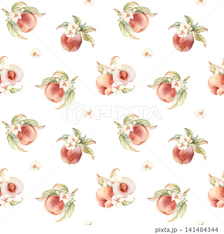 Pink Peaches with Flowers Seamless Pattern Summer Fruits. Watercolor hand drawn floral food illustration isolated on white background for home kitchen table textile fresh fabric print cosmetic package Pink Peaches with Flowers Seamless Pattern Summer Fruits. Watercolor hand drawn floral food illustration isolated on white background for home kitchen table textile fresh fabric print cosmetic package 141484344