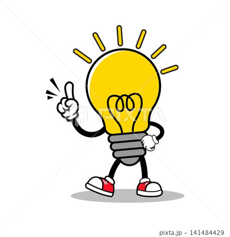 Cute Cartoon Light Bulb Mascot Character Pointing Up with Happy Smile 141484429