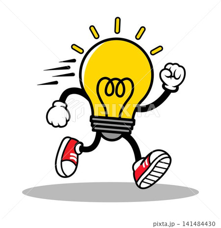 Cute Cartoon Light Bulb Mascot Character Running with Bright Idea, Cute Cartoon Light Bulb Mascot Character Running with Bright Idea, 141484430