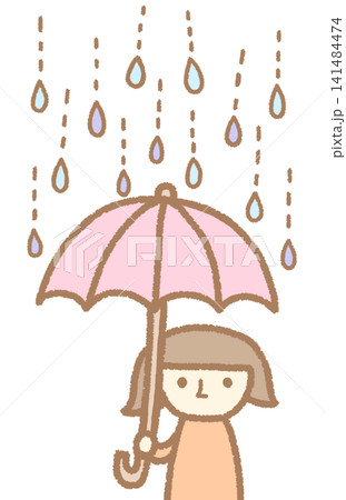 雨の日に傘をさす女の子の手描き風イラスト素材 雨の日に傘をさす女の子の手描き風イラスト素材 141484474