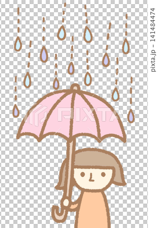 雨の日に傘をさす女の子の手描き風イラスト素材 雨の日に傘をさす女の子の手描き風イラスト素材 141484474