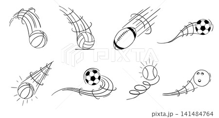 Tennis, basketball, soccer ball sketches in black outline style. Dynamic sport equipment graphics with trajectory curves. Isolated vector elements showing movement effects. Tennis, basketball, soccer ball sketches in black outline style. Dynamic sport equipment graphics with trajectory curves. Isolated vector elements showing movement effects. 141484764