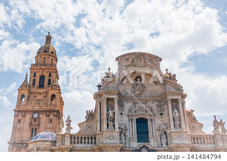 Upper Facade and Bell Tower of Murcia Cathedral on a Sunny Day, Spain 141484794