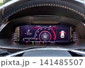 Digital car dashboard with speedometer and open doors 141485507
