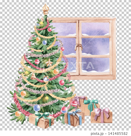 A decorated Christmas tree with gift boxes against a winter window. Isolated watercolor illustration for Christmas cards, children's books, holiday decor, gift wrapping, and horoscopes. A decorated Christmas tree with gift boxes against a winter window. Isolated watercolor illustration for Christmas cards, children's books, holiday decor, gift wrapping, and horoscopes. 141485582