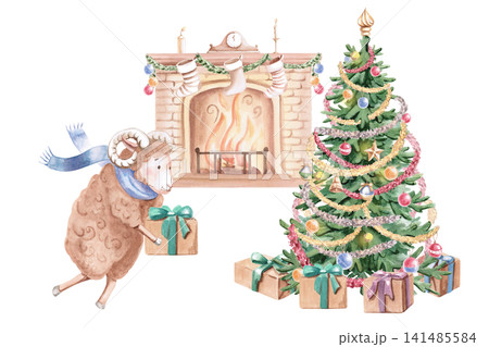 A ram carrying a gift across a Christmas tree. Isolated watercolor illustration for Christmas cards, children's books, greetings, games, holiday decorations, and gift wrapping. A ram carrying a gift across a Christmas tree. Isolated watercolor illustration for Christmas cards, children's books, greetings, games, holiday decorations, and gift wrapping. 141485584