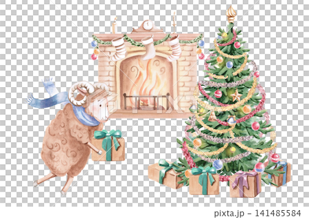 A ram carrying a gift across a Christmas tree. Isolated watercolor illustration for Christmas cards, children's books, greetings, games, holiday decorations, and gift wrapping. A ram carrying a gift across a Christmas tree. Isolated watercolor illustration for Christmas cards, children's books, greetings, games, holiday decorations, and gift wrapping. 141485584