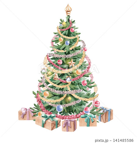 A decorated Christmas tree with gift boxes. Isolated watercolor illustration for Christmas cards, children's books, greetings, games, holiday decorations, and gift wrapping. A decorated Christmas tree with gift boxes. Isolated watercolor illustration for Christmas cards, children's books, greetings, games, holiday decorations, and gift wrapping. 141485586