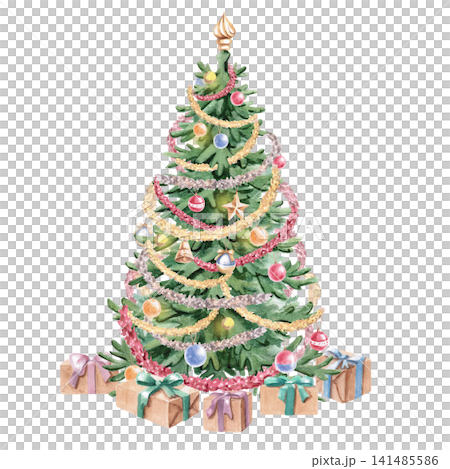 A decorated Christmas tree with gift boxes. Isolated watercolor illustration for Christmas cards, children's books, greetings, games, holiday decorations, and gift wrapping. A decorated Christmas tree with gift boxes. Isolated watercolor illustration for Christmas cards, children's books, greetings, games, holiday decorations, and gift wrapping. 141485586