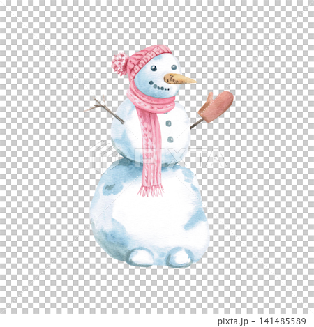 A watercolor illustration of a cheerful snowman wearing a pink hat and scarf. Perfect for Christmas and New Year's cards, children's books, greeting cards, games, holiday decorations, gift wrapping. A watercolor illustration of a cheerful snowman wearing a pink hat and scarf. Perfect for Christmas and New Year's cards, children's books, greeting cards, games, holiday decorations, gift wrapping. 141485589