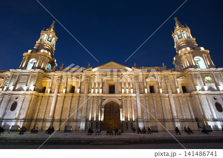 AREQUIPA PERU NOVEMBER 9: Main square of Arequipa with church on november 9 2015 in Arequipa Peru. Arequipa's Plaza de Armas is one of the most beautiful in Peru. 141486741