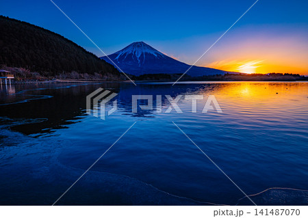 【静岡県】薄氷が張った田貫湖越しの富士山の夜明け 141487070
