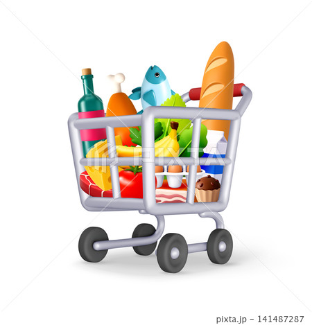 3D Shopping cart full of groceries and food items. 3D Shopping cart full of groceries and food items. 141487287