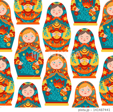 Vector seamless pattern with matryoshka doll in folk art style on white background. Texture with decorative Slavic souvenirs. Vector seamless pattern with matryoshka doll in folk art style on white background. Texture with decorative Slavic souvenirs. 141487441