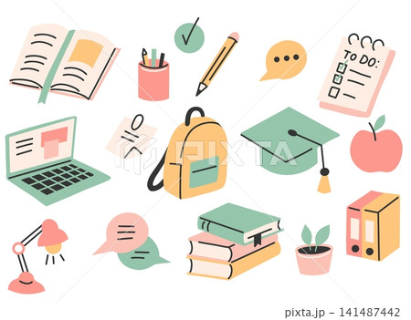 Collection of vector clip art on the theme of school. Back to school. Set of illustrations on the topic of education and learning in a flat style Collection of vector clip art on the theme of school. Back to school. Set of illustrations on the topic of education and learning in a flat style 141487442