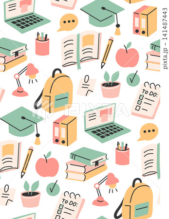 Vector seamless pattern with school objects. Back to school. Texture with illustrations on the topic of education and learning Vector seamless pattern with school objects. Back to school. Texture with illustrations on the topic of education and learning 141487443
