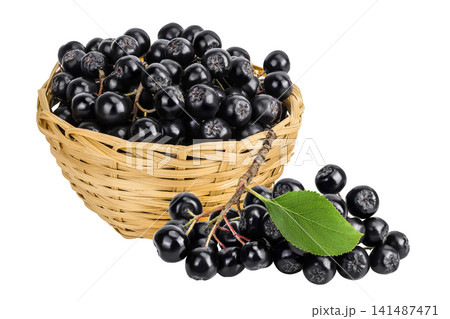 Chokeberry in a wicker basket isolated on white background. Black aronia. Chokeberry in a wicker basket isolated on white background. Black aronia. 141487471