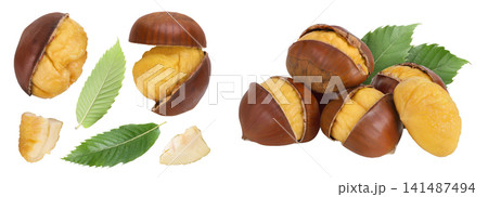 roasted peeled chestnut isolated on white background with full depth of field. Top view. Flat lay roasted peeled chestnut isolated on white background with full depth of field. Top view. Flat lay 141487494