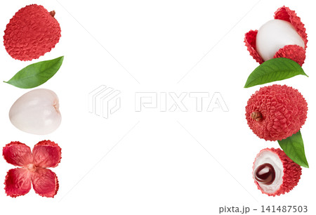 lychee fruit isolated on white background with full depth of field. Top view with copy space for your text. Flat lay lychee fruit isolated on white background with full depth of field. Top view with copy space for your text. Flat lay 141487503