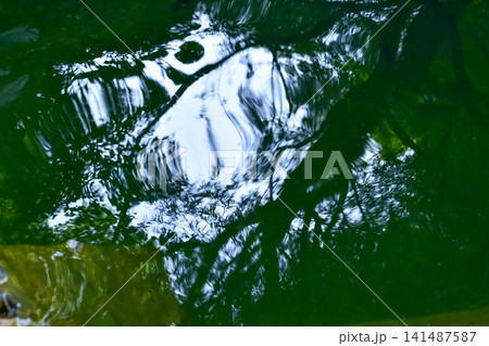 Close-up of the water of the pool in a public park. Clear water with reflection. Water reflection. Nature scene. Close-up of the water of the pool in a public park. Clear water with reflection. Water reflection. Nature scene. 141487587