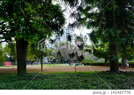 Large trees and a grassy area in a plaza on a cloudy autumn day 141487776