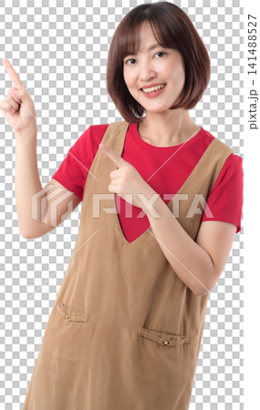 Happy asian woman pointing finger up presenting blank copy space with joyful smile isolated against clean white studio background for creative advertising project. PNG file format Happy asian woman pointing finger up presenting blank copy space with joyful smile isolated against clean white studio background for creative advertising project. PNG file format 141488527