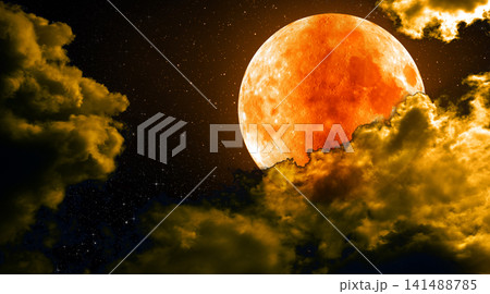 Red Full Moon. Bloody Moon with orange surface in background of clouds and starry sky 141488785