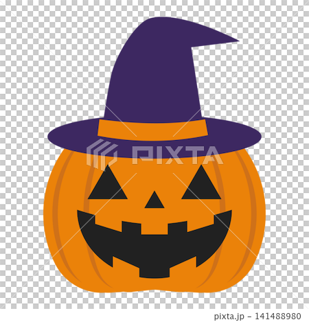 A cute Halloween illustration of a jack-o'-lantern wearing a witch's hat. A cute Halloween illustration of a jack-o'-lantern wearing a witch's hat. 141488980