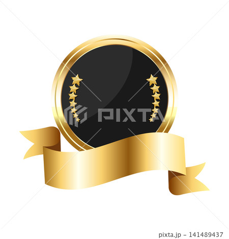 Gold award badge template with a golden ribbon. Awards ceremony template decorated with gold stars. Vector illustration Gold award badge template with a golden ribbon. Awards ceremony template decorated with gold stars. Vector illustration 141489437