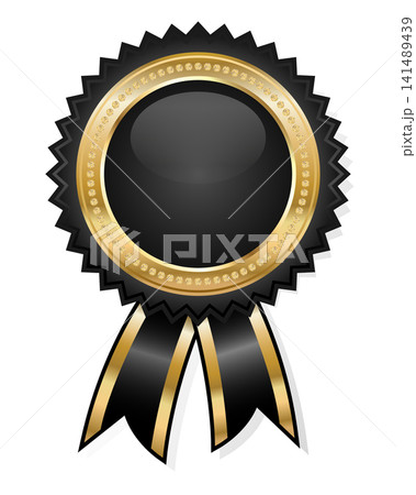 Black and golden glossy award badge with ribbons. Awards ceremony template. Vector illustration 141489439