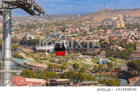 Cable Car Cabin Above Rike Park and City Skyline in Tbilisi, Georgia Cable Car Cabin Above Rike Park and City Skyline in Tbilisi, Georgia 141489640