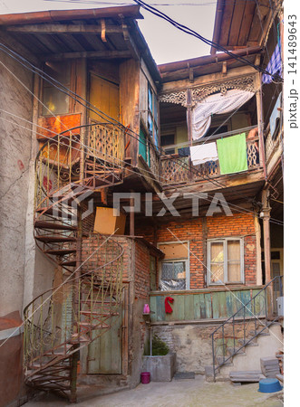 Traditional Residential Street with Wooden Balconies in Old Tbilisi, Georgia 141489643