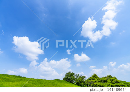 夏の青空と雲と草原 夏の青空と雲と草原 141489654
