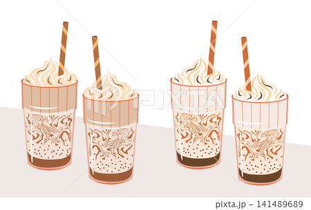Iced coffee vector illustration set. Ribbed glasses of delicious frappe coffee drink with caramel, whipped cream and straws on white background. Mocha beverage cartoon clipart for menu design, poster Iced coffee vector illustration set. Ribbed glasses of delicious frappe coffee drink with caramel, whipped cream and straws on white background. Mocha beverage cartoon clipart for menu design, poster 141489689