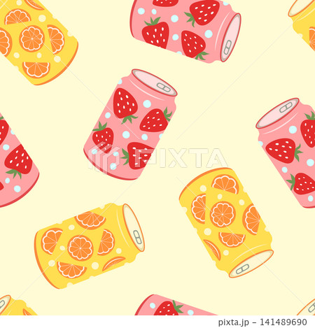 Fruit soda cans vector seamless pattern illustration. Pink and yellow aluminum cans of refreshing summer strawberry and citrus orange drink on light background. Cute seltzer beverage repeat tile Fruit soda cans vector seamless pattern illustration. Pink and yellow aluminum cans of refreshing summer strawberry and citrus orange drink on light background. Cute seltzer beverage repeat tile 141489690