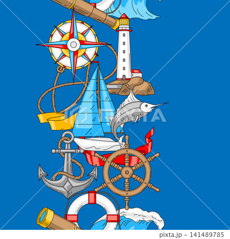 Nautical symbols seamless pattern. Travel and tourism texture. Retro style conceptual illustration. Nautical symbols seamless pattern. Travel and tourism texture. Retro style conceptual illustration. 141489785